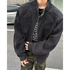 外穿宽松型直下摆美式牛仔褂子男冬季立领垫肩短款拉链W6283-P77，男装工装外套，星座412-2