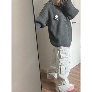 连帽毛衣男秋季慵懒风开衫上衣针织拉链外套男潮MZ37,显白短袖针织衫搭配图片