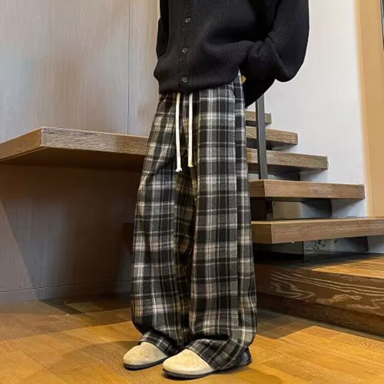 复古格子裤子男春秋加绒2025新款高腰垂感直筒拖地秋冬毛呢阔腿裤,男装卫衣,星座218-8