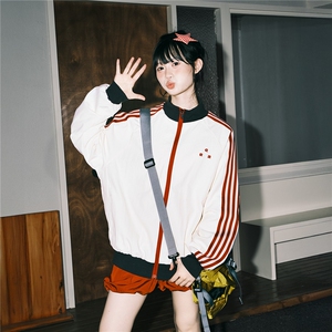 撞色拼接条纹织带立领外套女款秋季运动休闲宽松夹克图片