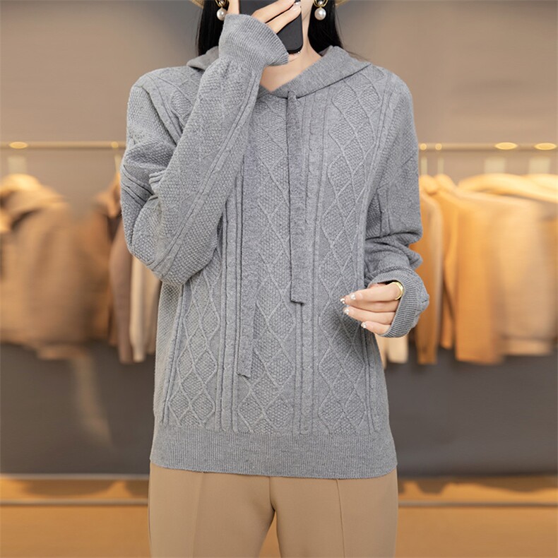 2025年秋季新款百搭女士长袖套头连帽衫,针织衫/毛衣,百色羊绒