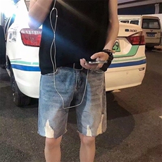 港风破洞牛仔短裤男潮牌网红五分裤嘻哈潮流百搭宽松，男装牛仔裤，星座506A