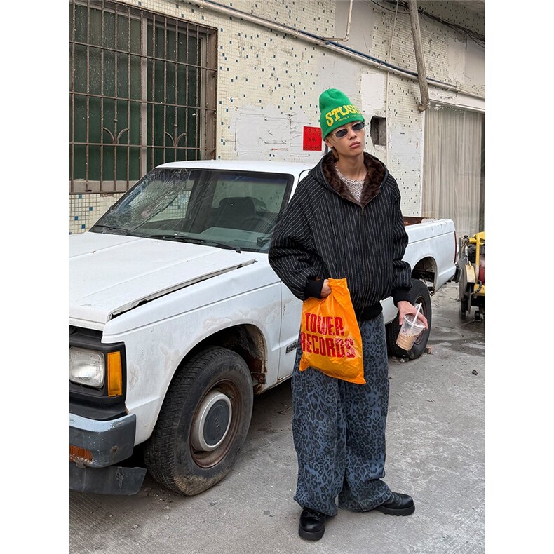美式复古连帽豹纹绒牛仔条纹棉服男冬季工装棉衣外套LS50399-p115,男装棉衣,星座1008