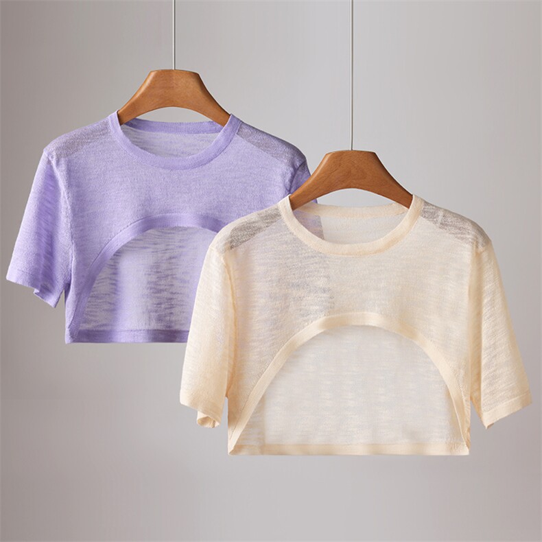 设计感叠穿竹节麻吊带裙外搭披肩女短袖罩衫半截式蕾丝薄纱防晒衫，女装针织衫/毛衣，阿娇羊绒