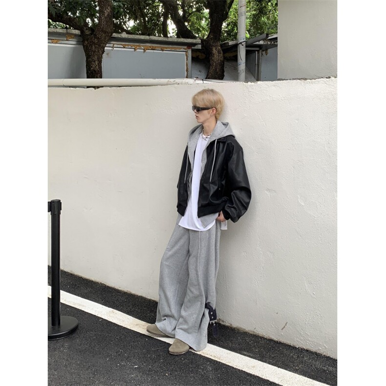 PY10-P105 春秋美式假两件皮衣外套男女宽松连帽皮夹克图片