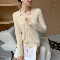 气质设计感系带polo领山羊绒衫女显瘦绑带毛衣秋冬新款针织衫羊毛，女装羊绒衫，牧群羊绒
