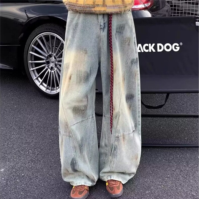 美式脏染水洗做旧直筒牛仔裤男女微喇复古宽松阔腿长裤拖地NZ864,男装牛仔裤,星座208-5