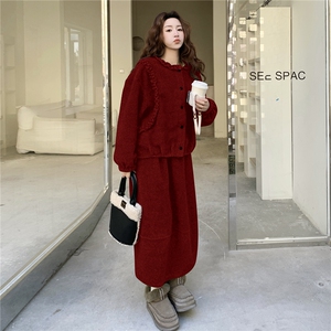 韩系甜美木耳边开衫半裙套装F6607-P175-K258图片