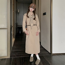 《新款新品》长袖收腰显瘦条纹披肩配腰带衬衣领休闲连衣裙，女装连衣裙，唛多