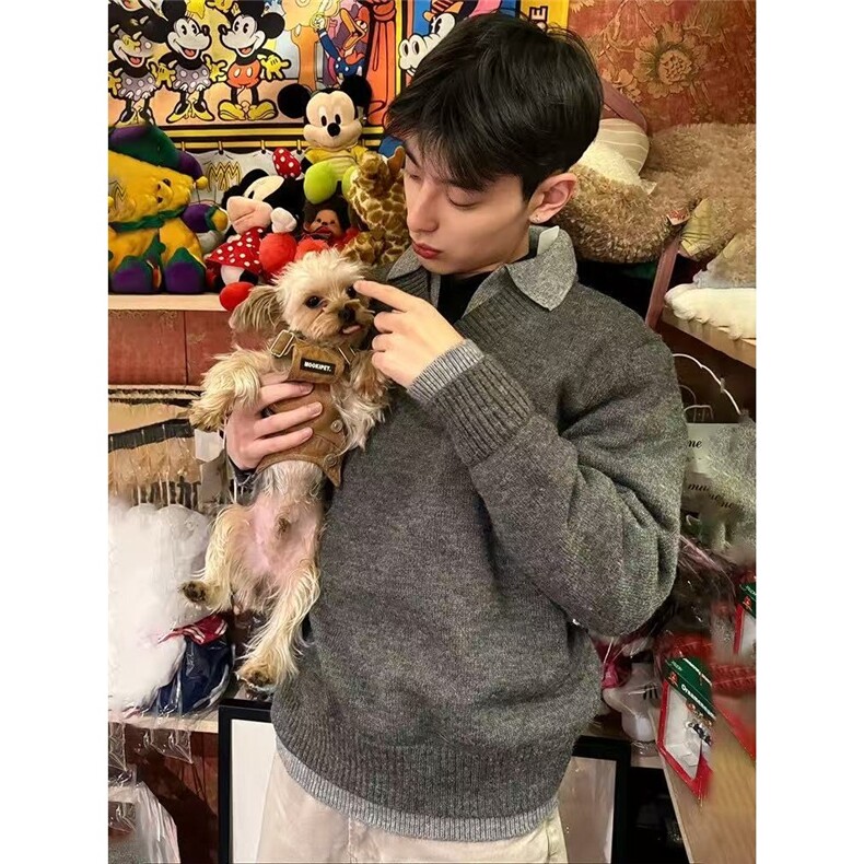 美式复古假两件v领毛衣男款冬季翻领老钱风针织衫上衣外套MY5012，男装针织衫/毛衣，星座208-5