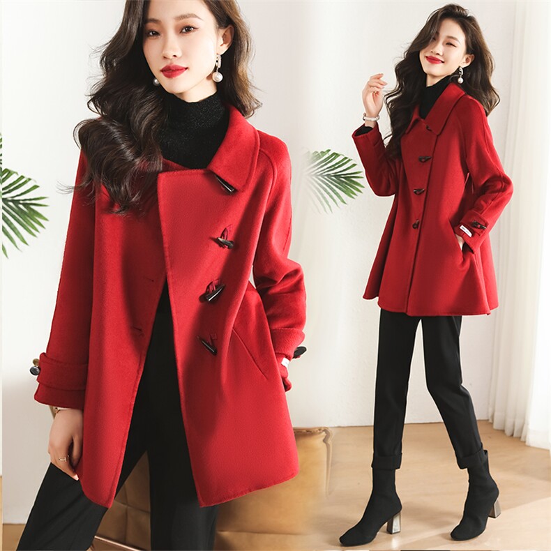 现货新款牛角扣纯手工双面羊毛呢A字斗篷版羊毛呢大衣外套，女装毛呢外套，丝露怡语