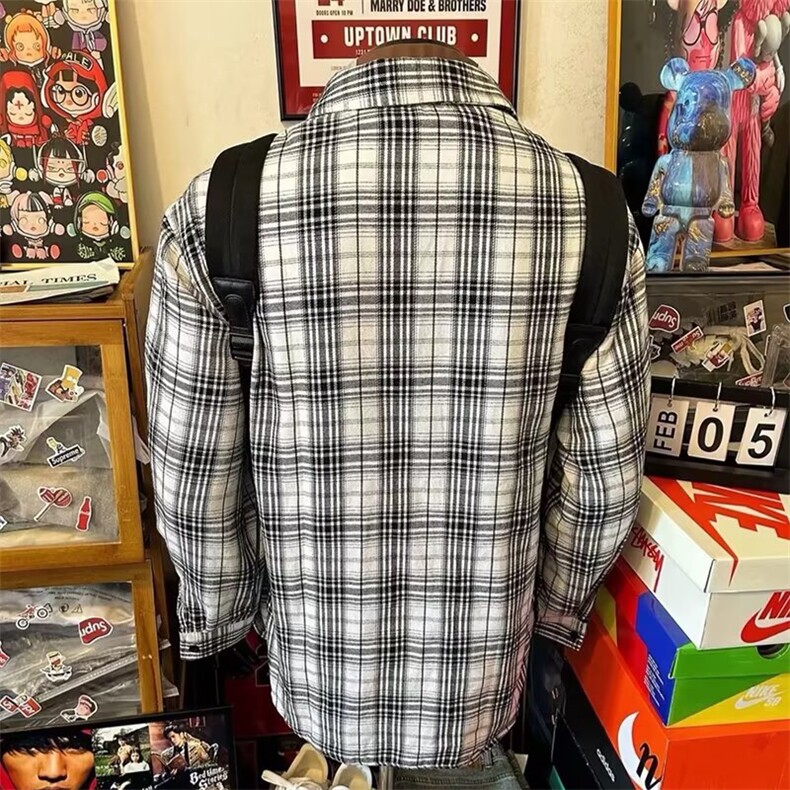DP01-P39美式复古黑白格子衬衫男春秋新款痞帅高级感内搭衬衣,男装衬衫,电商B323A