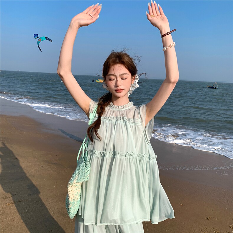 水衣源2729款纯色木耳边荷叶袖A字小衫阔腿裤冰爽套装女夏，女装套装/套裙，水衣源