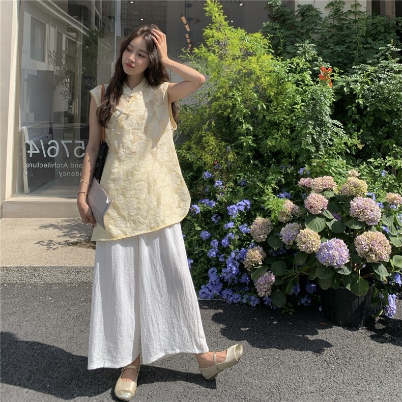 新中式国风无袖盘扣上衣阔腿裤套装女2025夏季新款爆款流行两件套图片