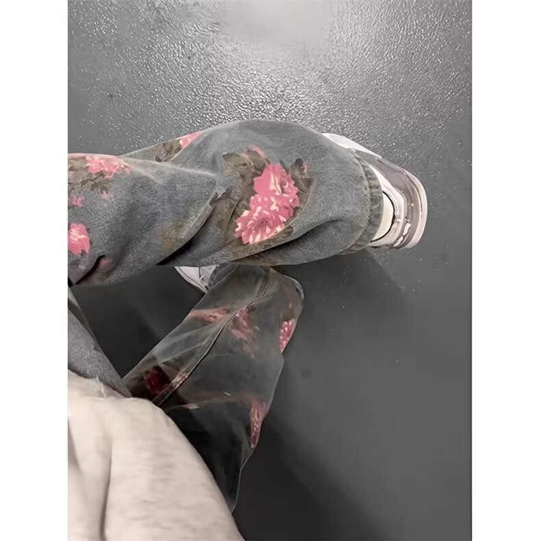 cleanfit满印玫瑰花牛仔裤男款秋冬新款痞帅高级感直筒宽松阔腿裤,男装牛仔裤,四季星座505