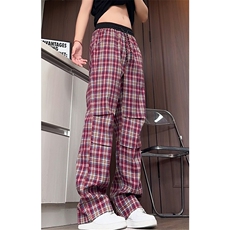 K5055/P40春装新款红色格子裤男褶皱直筒裤休闲裤长裤，男装休闲裤，电商A141