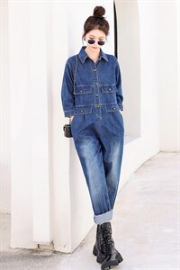 时尚显瘦牛仔连体裤女宽松高腰长袖休闲工装裤百搭气质女装，女装连体裤，秋水欣儿