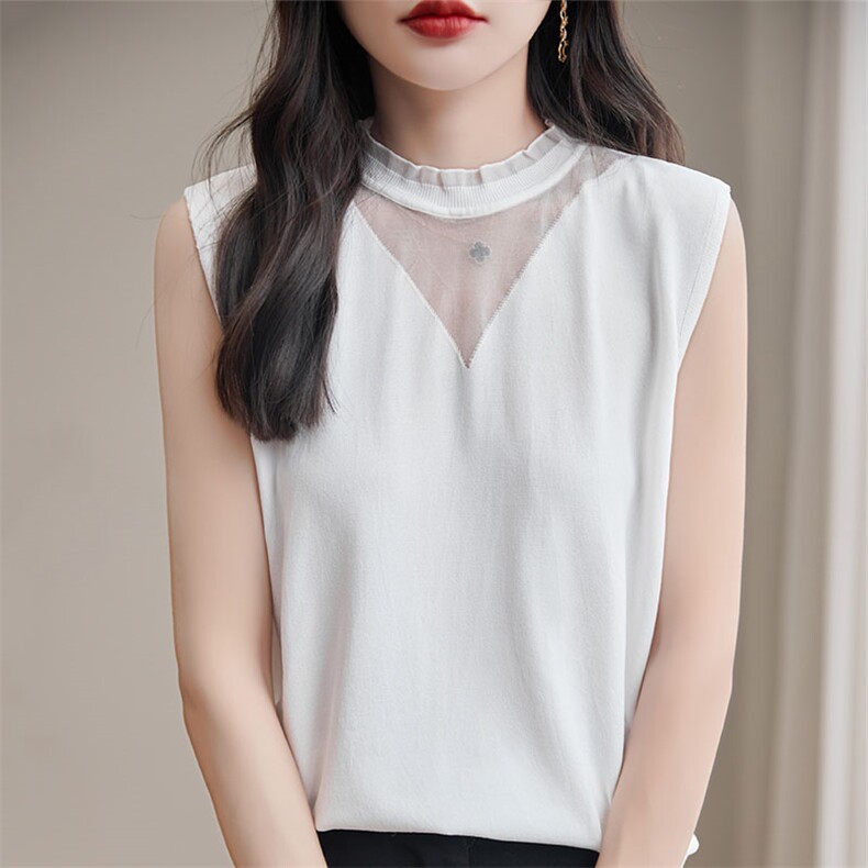 细腻质感蕾丝吊带背心女夏外穿显瘦荷领针织衫无袖内搭打底上衣,女装背心吊带,萱芳婷羊绒