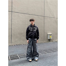 1506-1/M93331/P92嘻哈风刺绣珍珠黑色菱格棉服休闲加厚外套男女，男装棉衣，星座1506-1