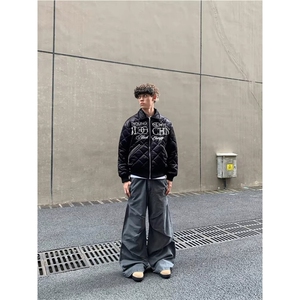 1506-1/M93331/P92嘻哈风刺绣珍珠黑色菱格棉服休闲加厚外套男女图片