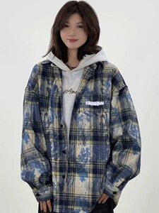 wassup happy扎染长袖衬衫男春秋季复古设计感休闲外套情侣上衣服图片