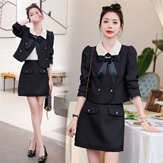 2023新款秋装小香风套装法式复古风半身裙撞色蝴蝶结上衣两件套，女装套装/套裙，卡杰菲