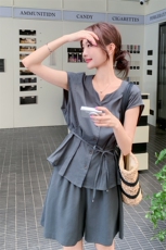 灰色韩系松弛感系带收腰衬衫套装女2025夏季休闲显瘦阔腿裤两件套，女装套装/套裙，2C166