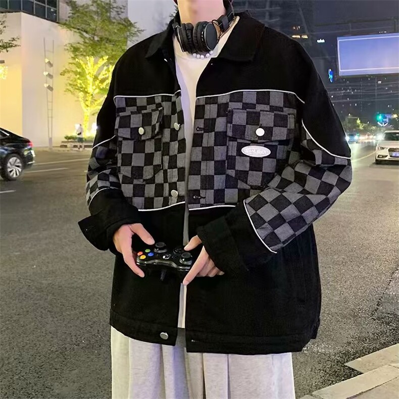 春秋季ins反光棋盘格外套男潮牌情侣装工装夹克上衣 W3507-P65图片