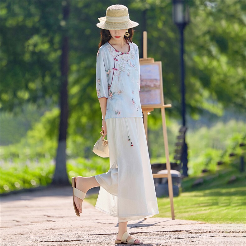 2026年夏季新款新中式重工刺绣小衫阔腿裤套装两件套女,女装套装/套裙,依路服饰