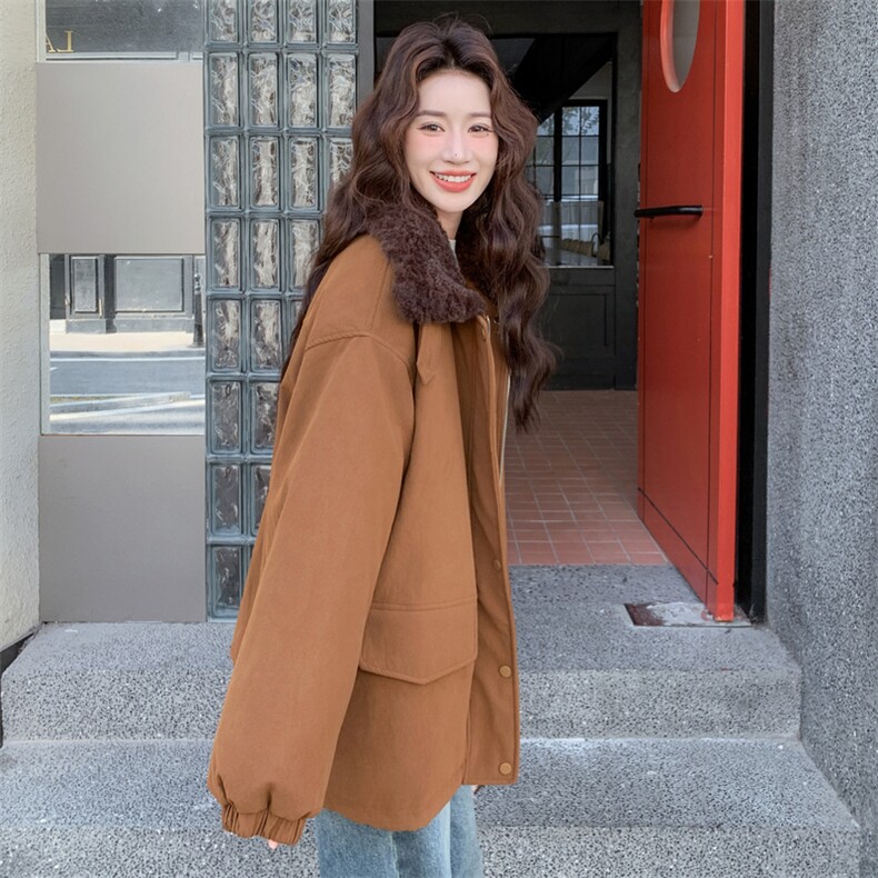 现货新款翻领时尚洋气加绒加厚鹿皮绒外套棉服上衣女,女装棉衣/棉服,韩然一族