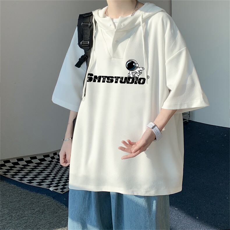 夏季港风冰丝宽松连帽短袖t恤五分体恤上衣TLM21123-P40控58,男装T恤,电商B370