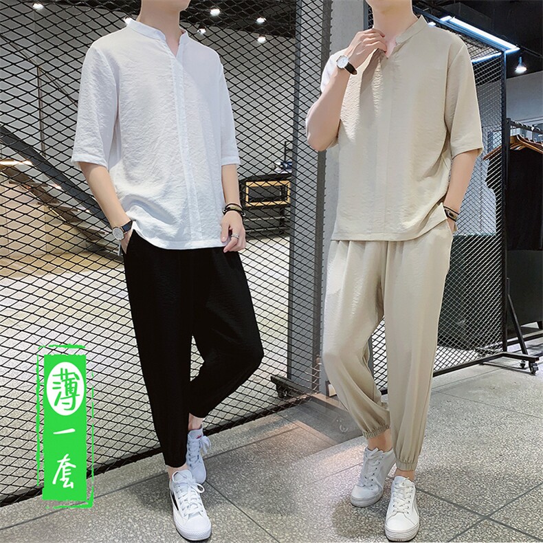 有报告男士套装夏季短袖T恤搭配九分裤两件套DS417T，男装T恤，电商A102