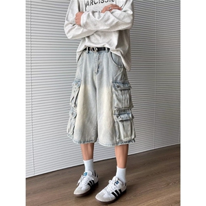 得物品质多口袋水洗做旧五分牛仔短裤夏阔腿工装七分裤D6040 P60图片
