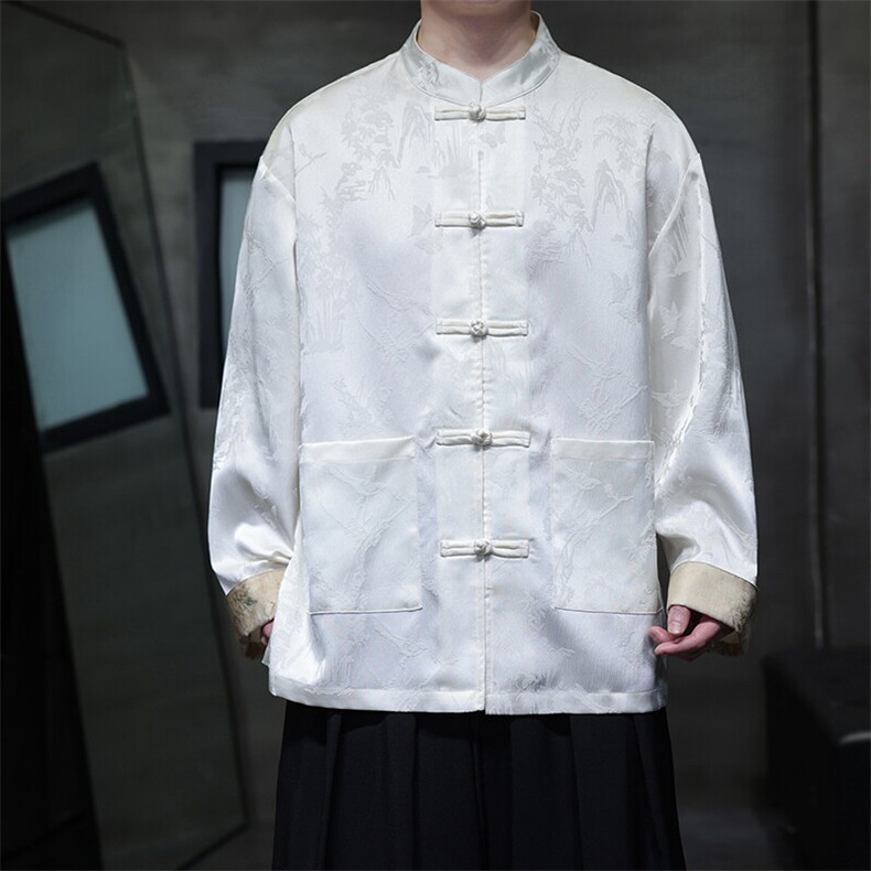 风新中式衬衫盘扣翻袖子花纹开衫男女长袖A021-KS513-P85控98,男装衬衫,电商A021