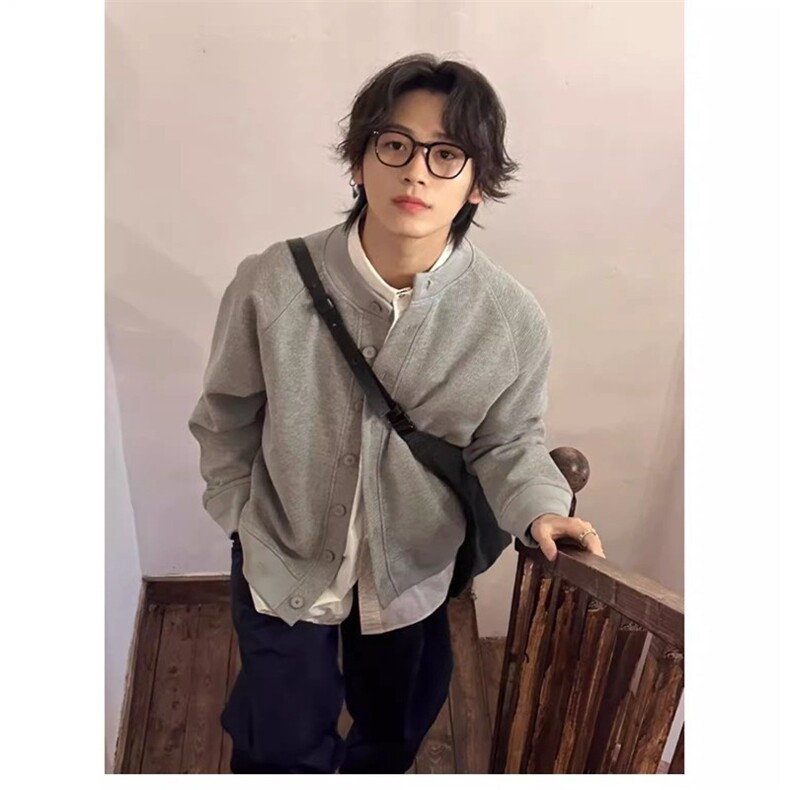 日系复古重磅华夫格开衫卫衣春秋季中性风亨利领格雷系外套男装潮,女装短外套,四季星座505
