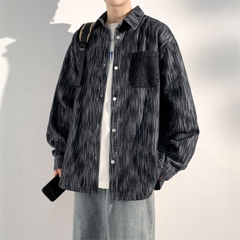 牛仔条纹衬衫男宽松翻领上衣外套休闲长袖衬衣A406C6029P68,男装衬衫,星座309（原A406）