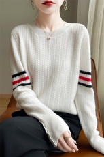 休闲/淑女2024年秋季圆领套头羊毛纯毛麻花圆领羊毛衫，女装羊毛衫，梵泰羊绒