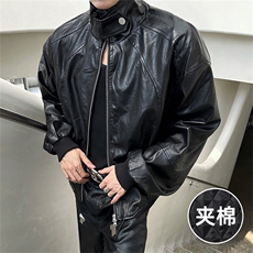 美式复古夹棉加厚机车服男女痞帅秋冬新品短款宽松外套黑色皮衣男，男装皮衣，星座505-2（原电商A260-1)