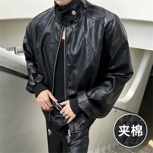 美式复古夹棉加厚机车服男女痞帅秋冬新品短款宽松外套黑色皮衣男图片