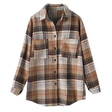 2021年春季格子衬衫排多扣POLO领长袖韩版宽松衬衣外套，女装衬衫，伊满意