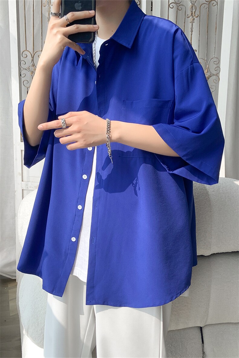 C6042/P35夏款2023新款港风冰丝克莱因蓝衬衣男开衩短袖衬衫控58,男装衬衫,电商A141