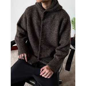美式复古羊毛混纺连帽开衫毛衣男女款秋冬季老钱风短款针织衫外套图片