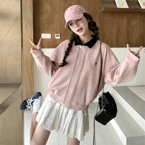 甜美风粉色拼色翻领休闲夹克上衣女2025小众设计感美式棒球服外套图片