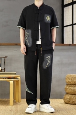 风印花男装夏短袖男复古开衫套装新款民族风一套，男装T恤，星座1206（原A206）