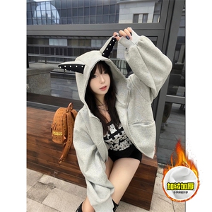 480G重磅加绒硬挺boxy男女美式高街卫衣铆钉杜宾犬耳朵开衫厚外套图片