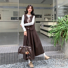 小个子复古长袖T恤马甲半身裙三件套女2025秋新款美拉德显瘦套装，女装套装/套裙，2C029