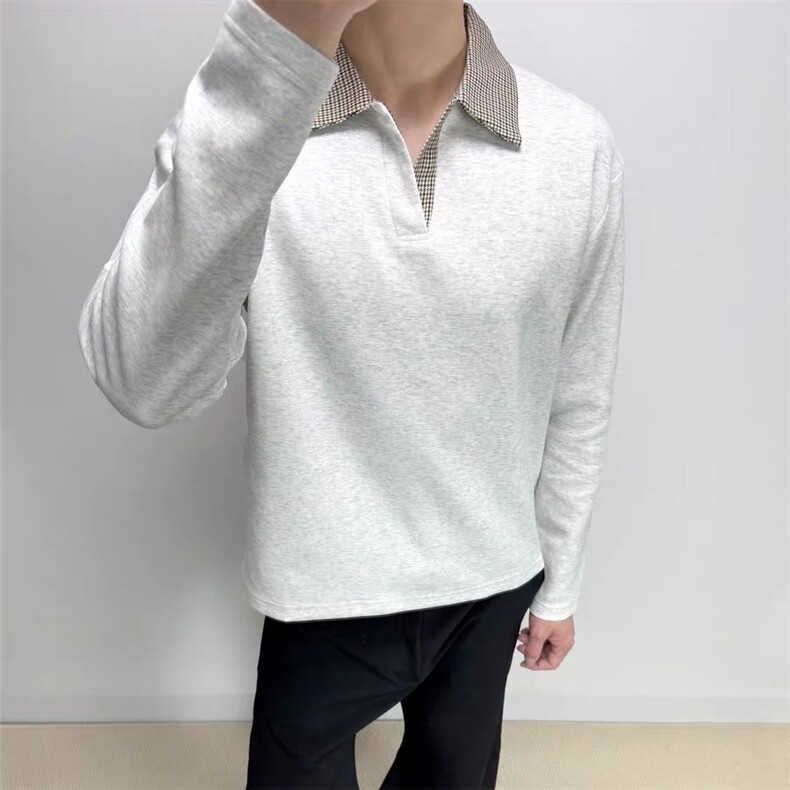 千鸟格拼接polo领卫衣老钱长袖t恤WY93-P45,男装T恤,星座208-5