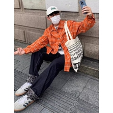 美式复古显白橘色格子衬衫外套女宽松防晒衬衣潮CB408，男装防晒衣，星座1116A（原606A-3）