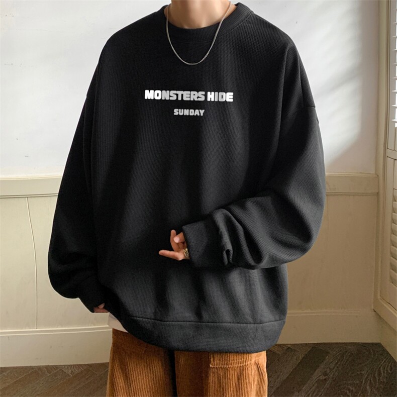 字母印花华夫格卫衣男春秋潮牌oversize美式复古重磅内搭圆领衣服,男装卫衣,电商B367