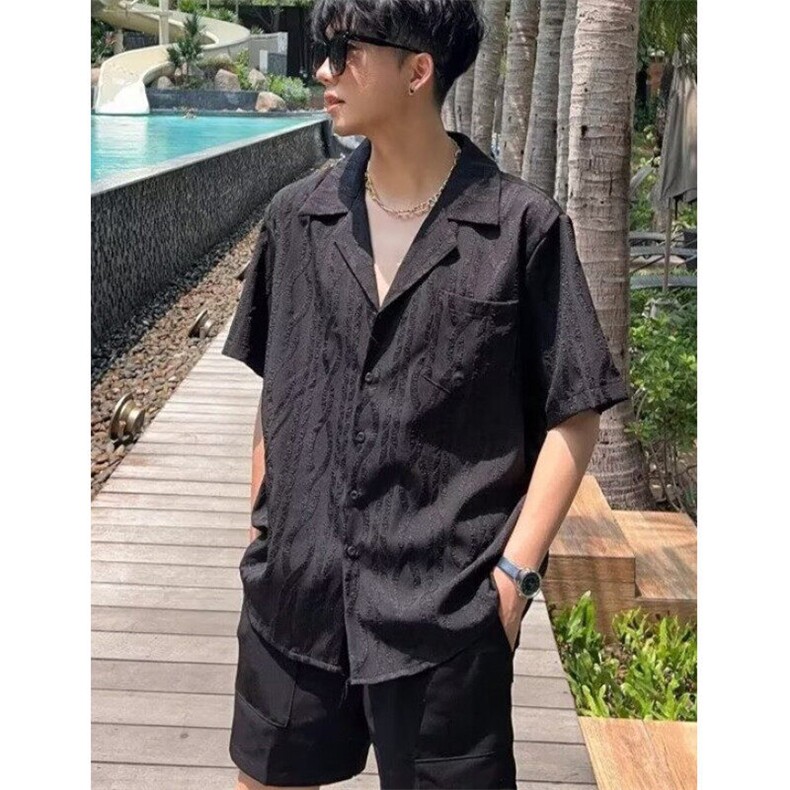 夏季古巴领提花短袖衬衫男小众设计宽松肌理海边衬衣潮CJ113,男装T恤,星座1116A（原606A-3）